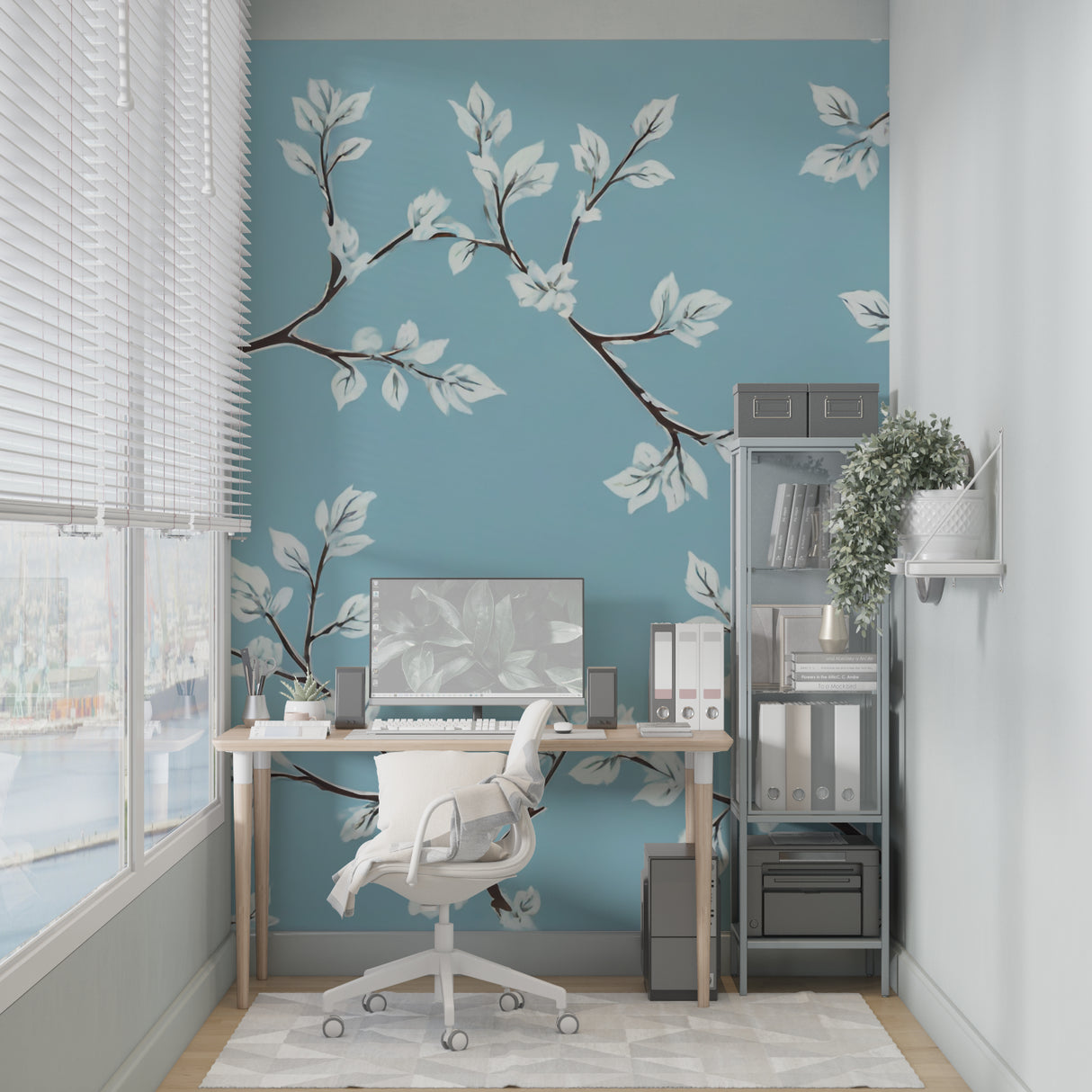 White leaf wallpaper mural showcased in a bright bedroom with natural light