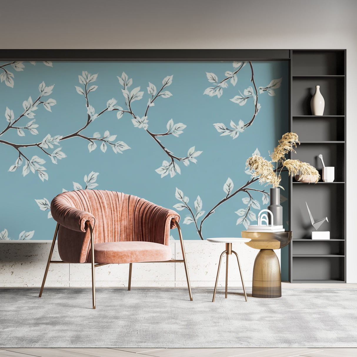 Blue floral wallpaper creating depth in a modern dining room