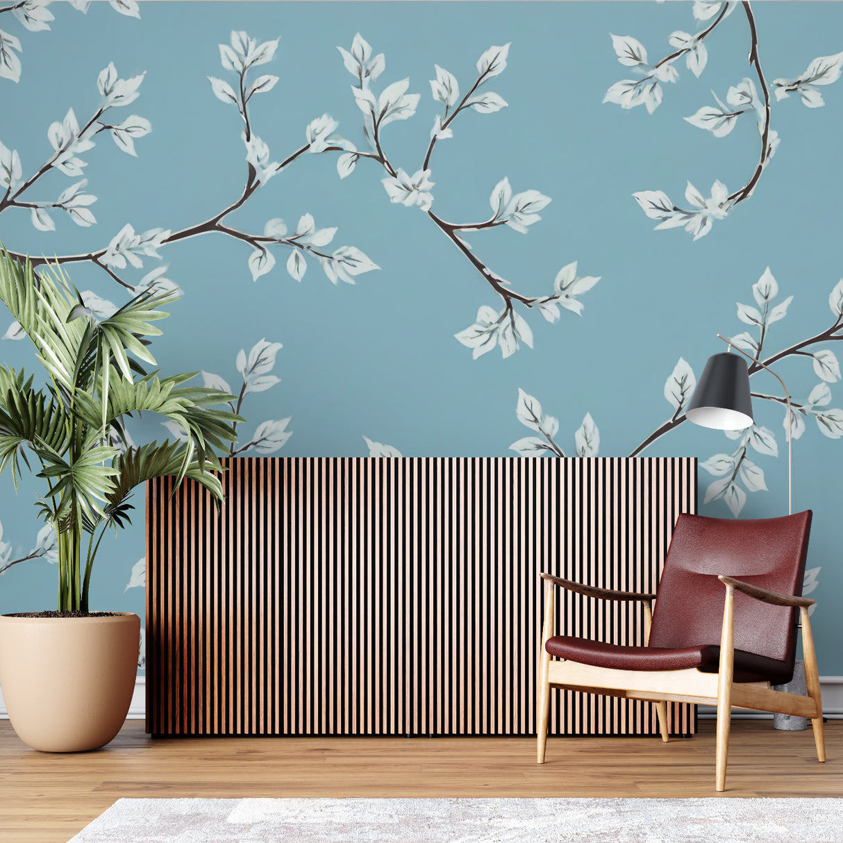 White leaves pattern adding elegance to a minimalist hallway