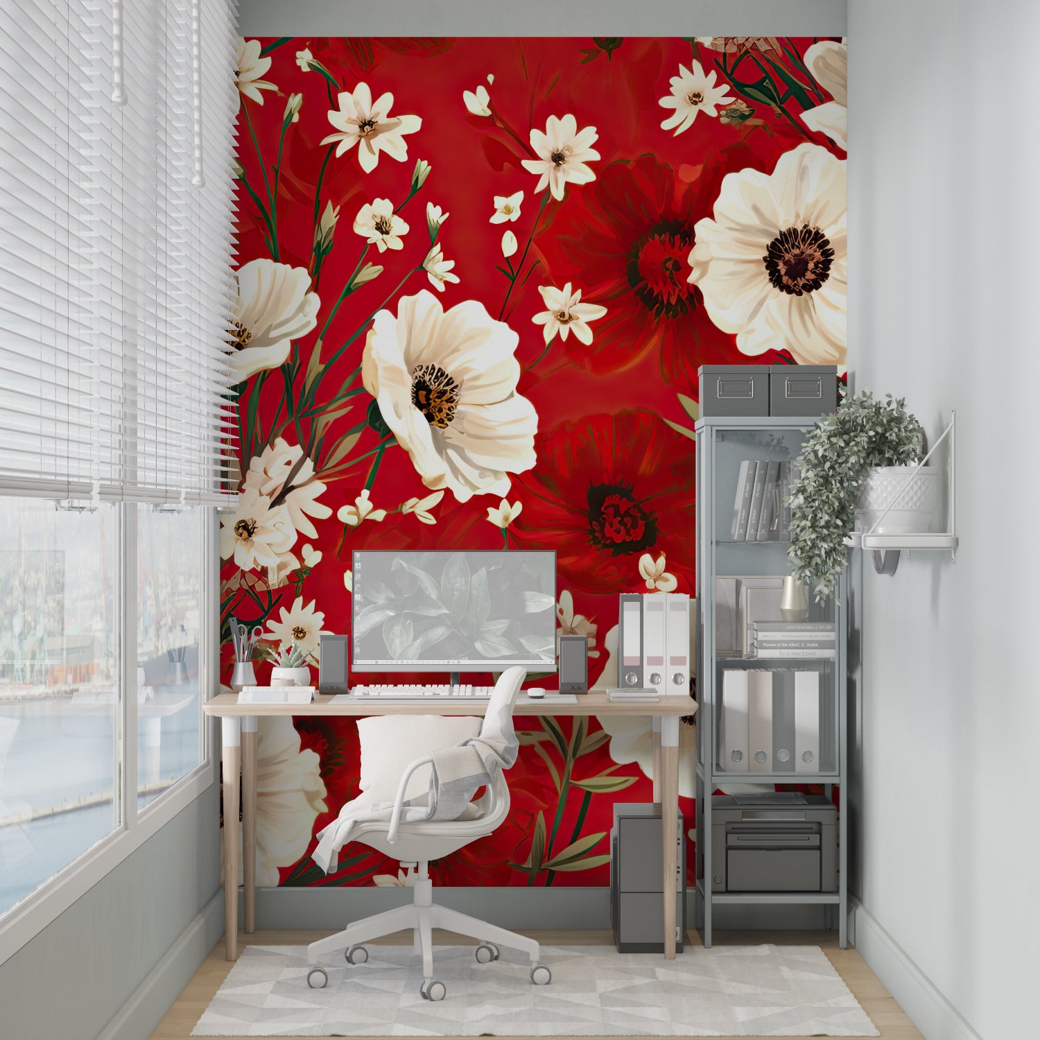Floral accent wall with white poppies in stylish living room setting