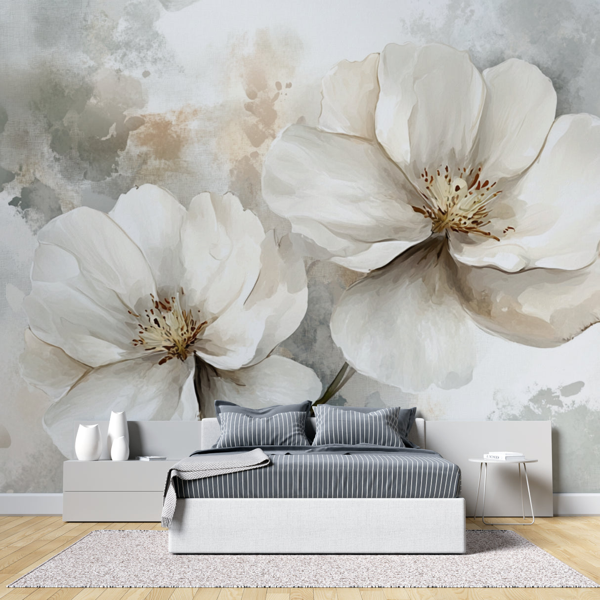 White watercolor floral wallpaper in bright modern living room setting
