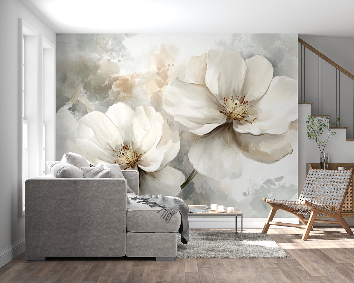 Master bedroom with elegant white floral mural creating peaceful atmosphere