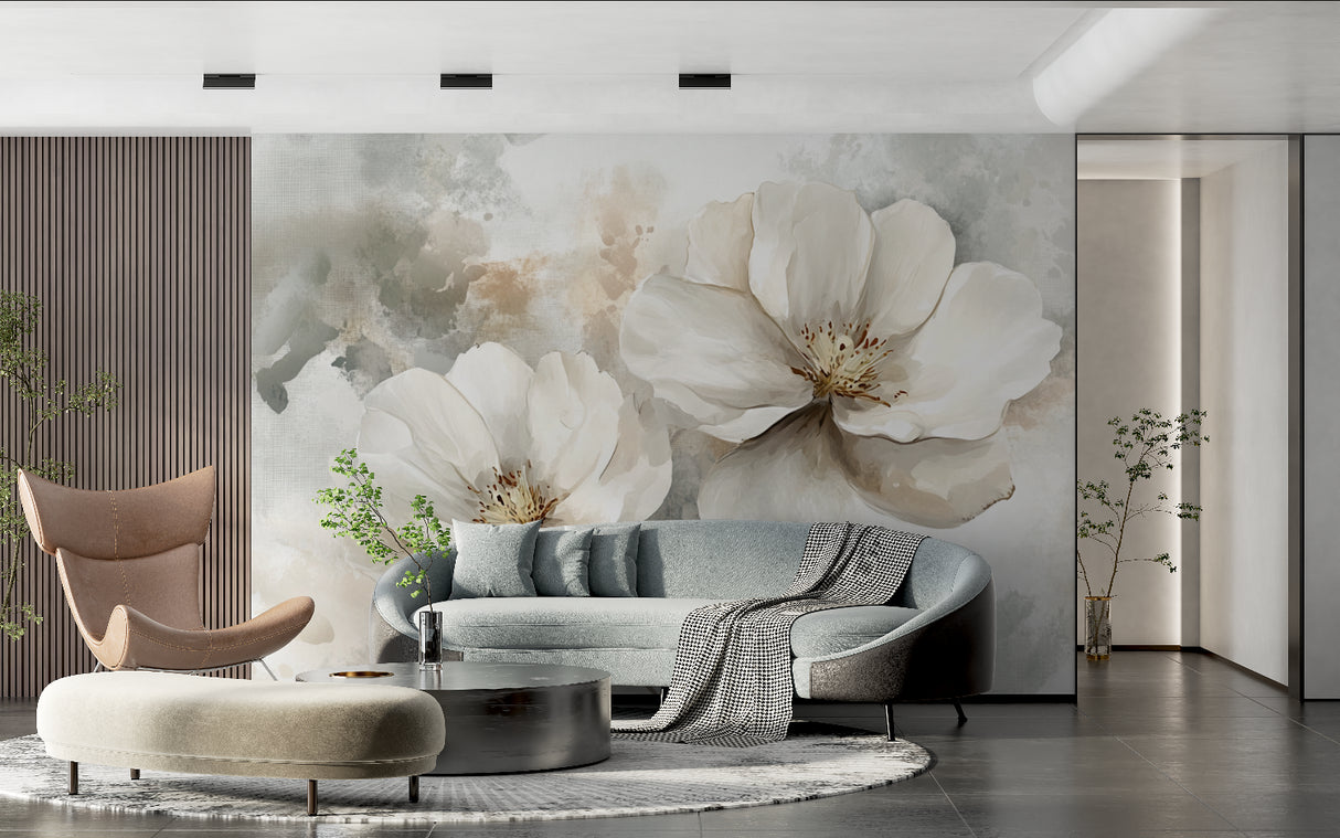 Dining room featuring white watercolor bloom wallpaper with natural lighting