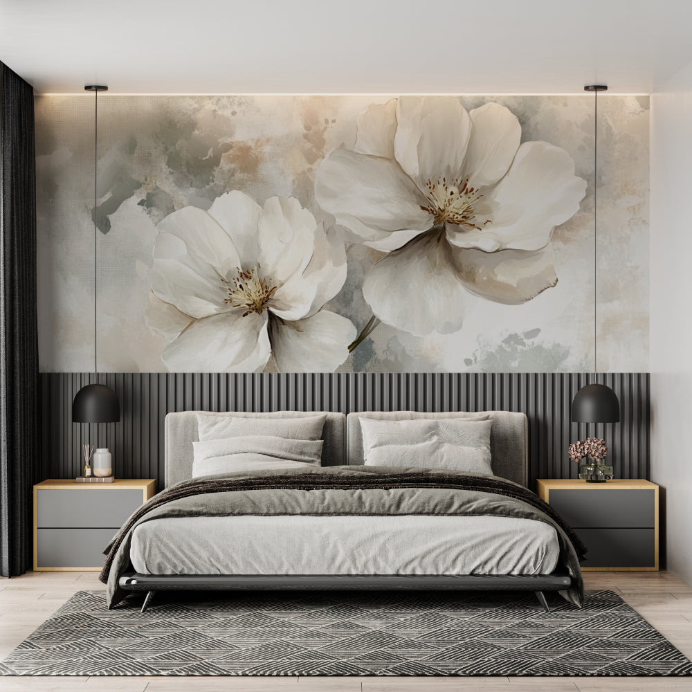 Home office space with white floral wall mural adding soft sophistication