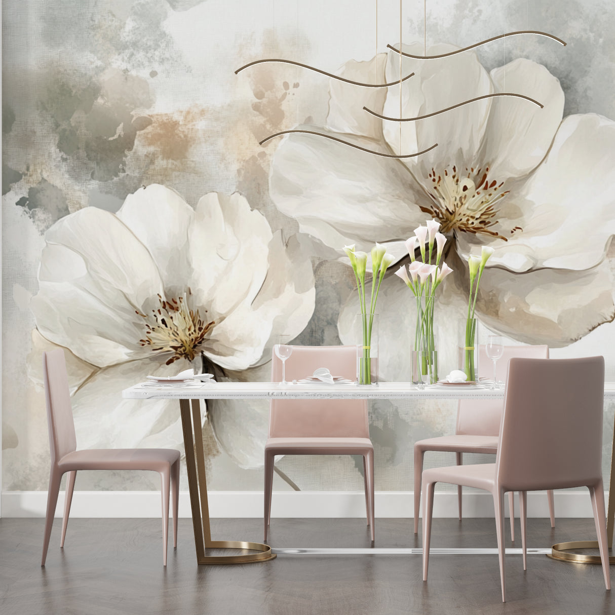 Entrance hall transformed by white watercolor flower mural wallpaper