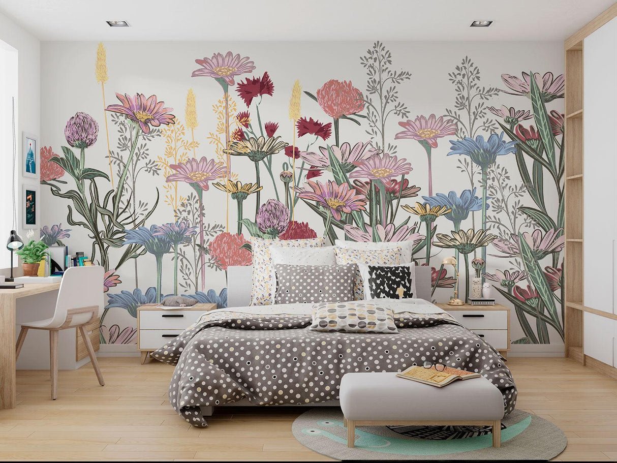 Floral garden wallpaper creating a peaceful atmosphere in a bright living room with natural light
