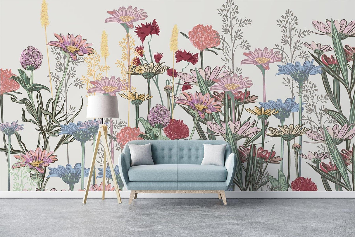 Wildflower wall mural adding charm to a modern bedroom with soft furnishings