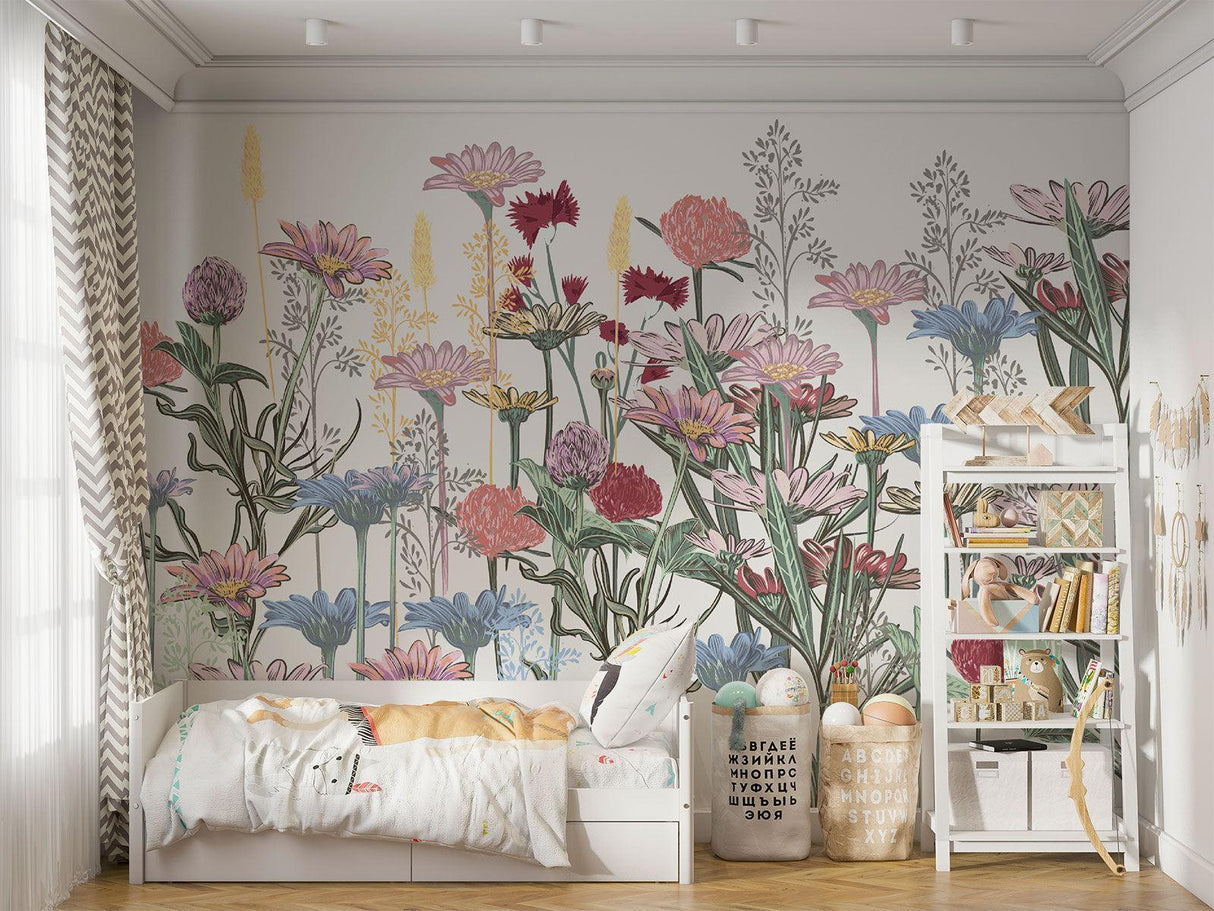 Garden flower mural bringing nature inside a cozy reading nook