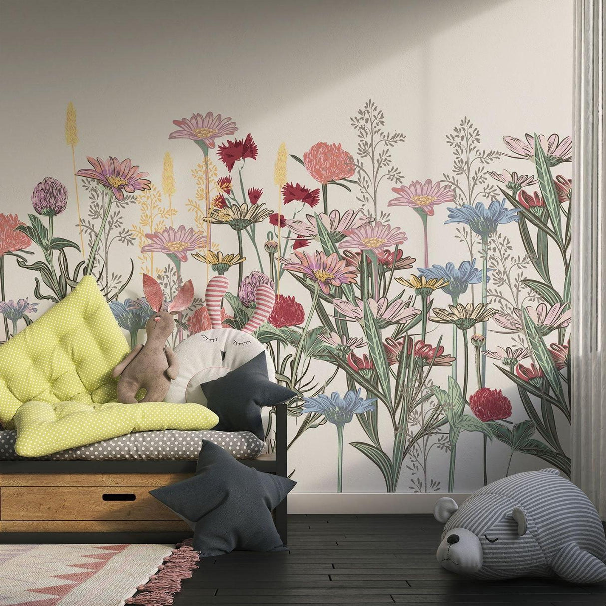 Wildflower mural adding soft color to a dining room accent wall