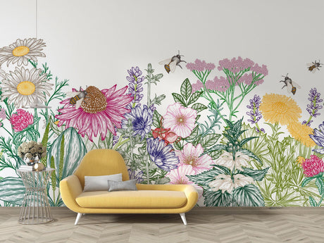 Wildflower Garden Mural Wallpaper creating a fresh look in a modern living room with white furniture