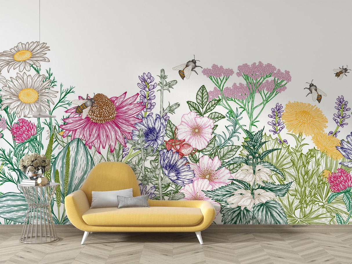 Wildflower Garden Mural Wallpaper creating a fresh look in a modern living room with white furniture