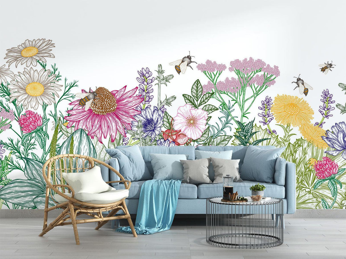 Floral Wall Mural with bees in a bright home office setting