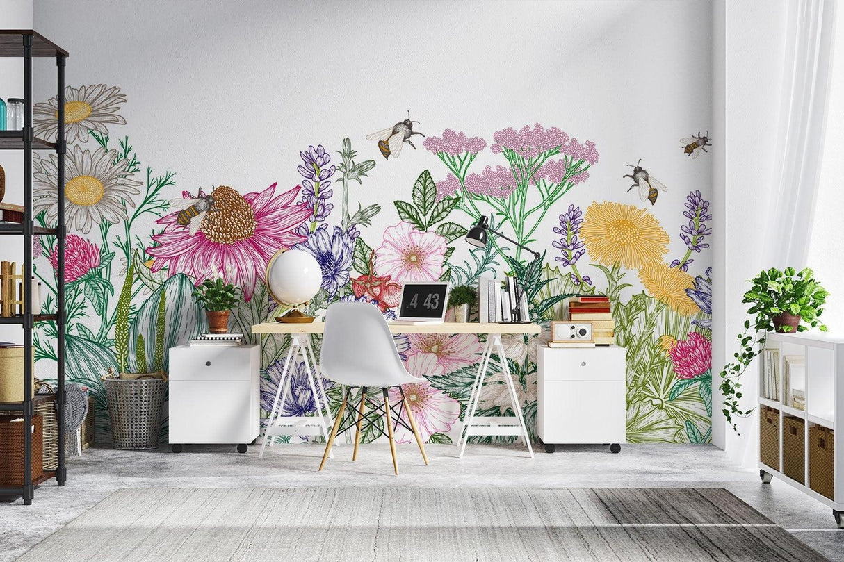 Garden Flower Mural adding summer charm to a bedroom accent wall