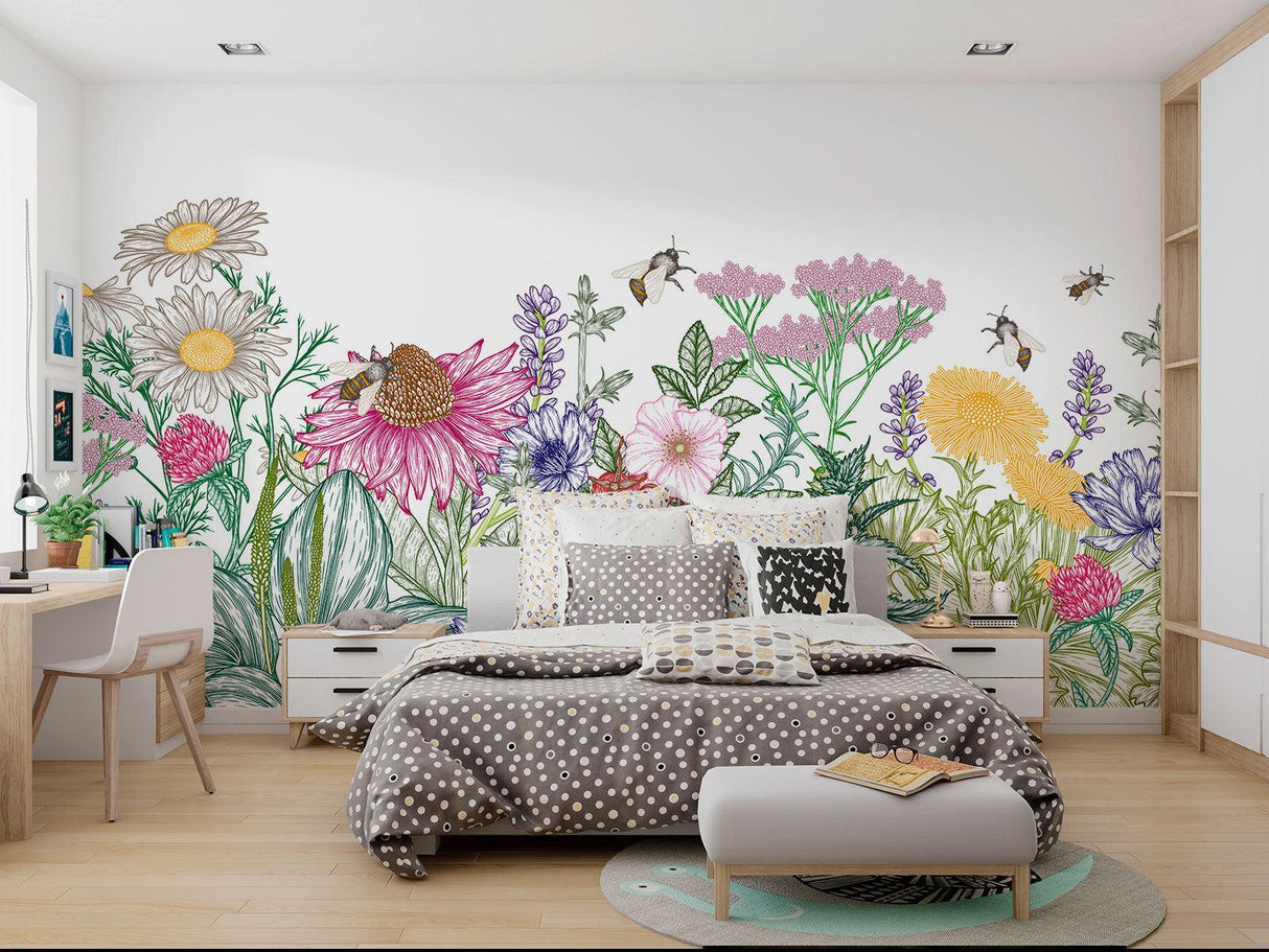 Wildflower Wall Mural brightening up a nursery with gentle garden scene