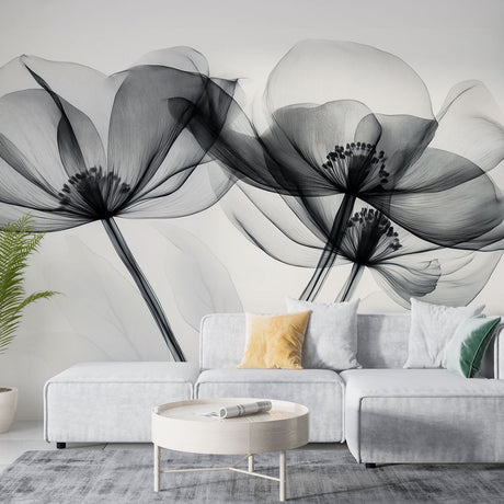 Black and white floral wallpaper with x-ray effect creating a modern look in a minimalist living room setting
