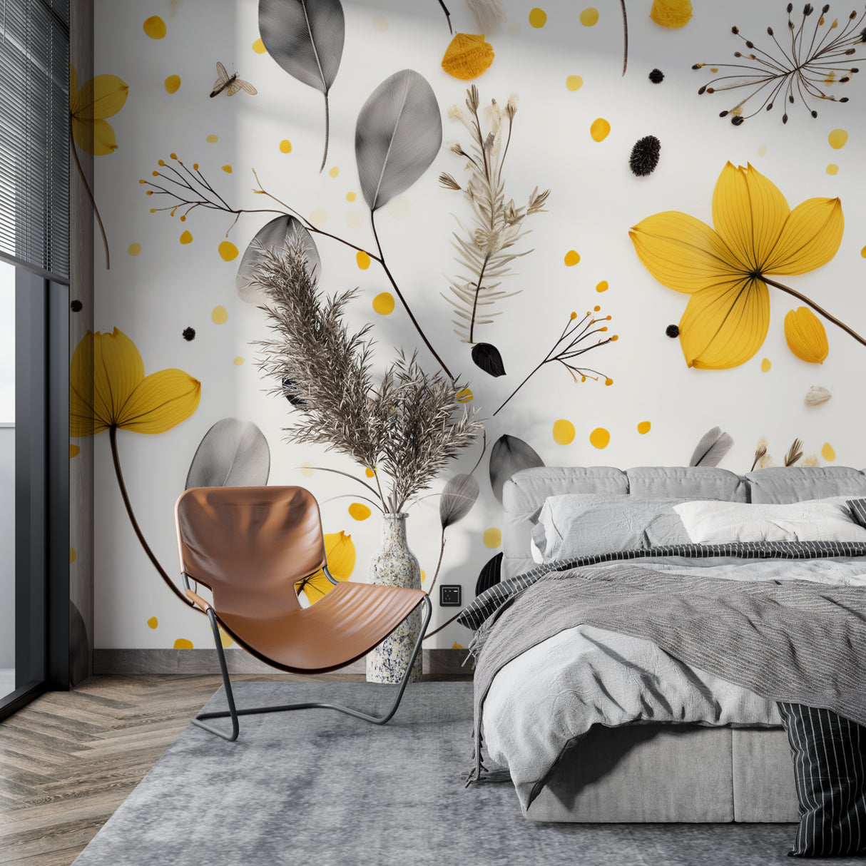 Yellow and grey floral wallpaper brightening a modern living room with natural light