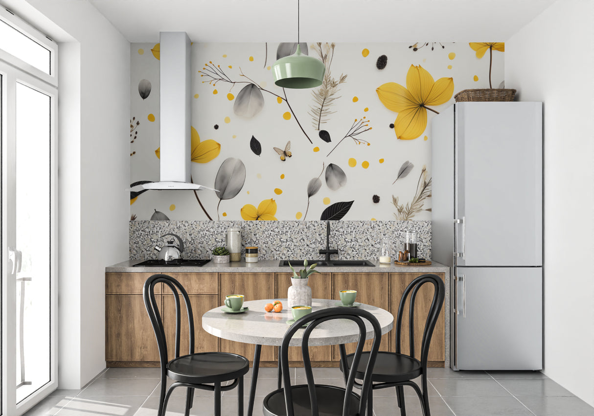 Botanical wall mural creating a sunny atmosphere in a dining room