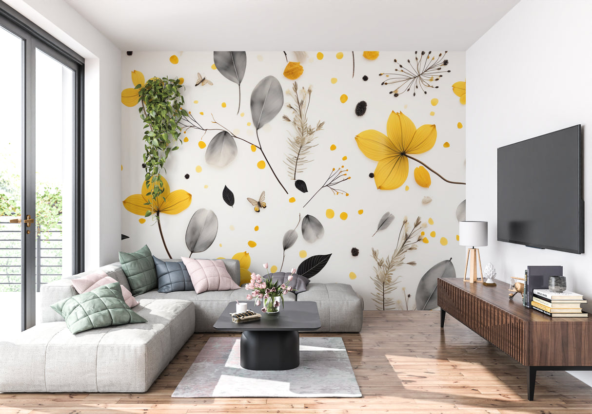 Yellow flower wallpaper adding warmth to a home office space