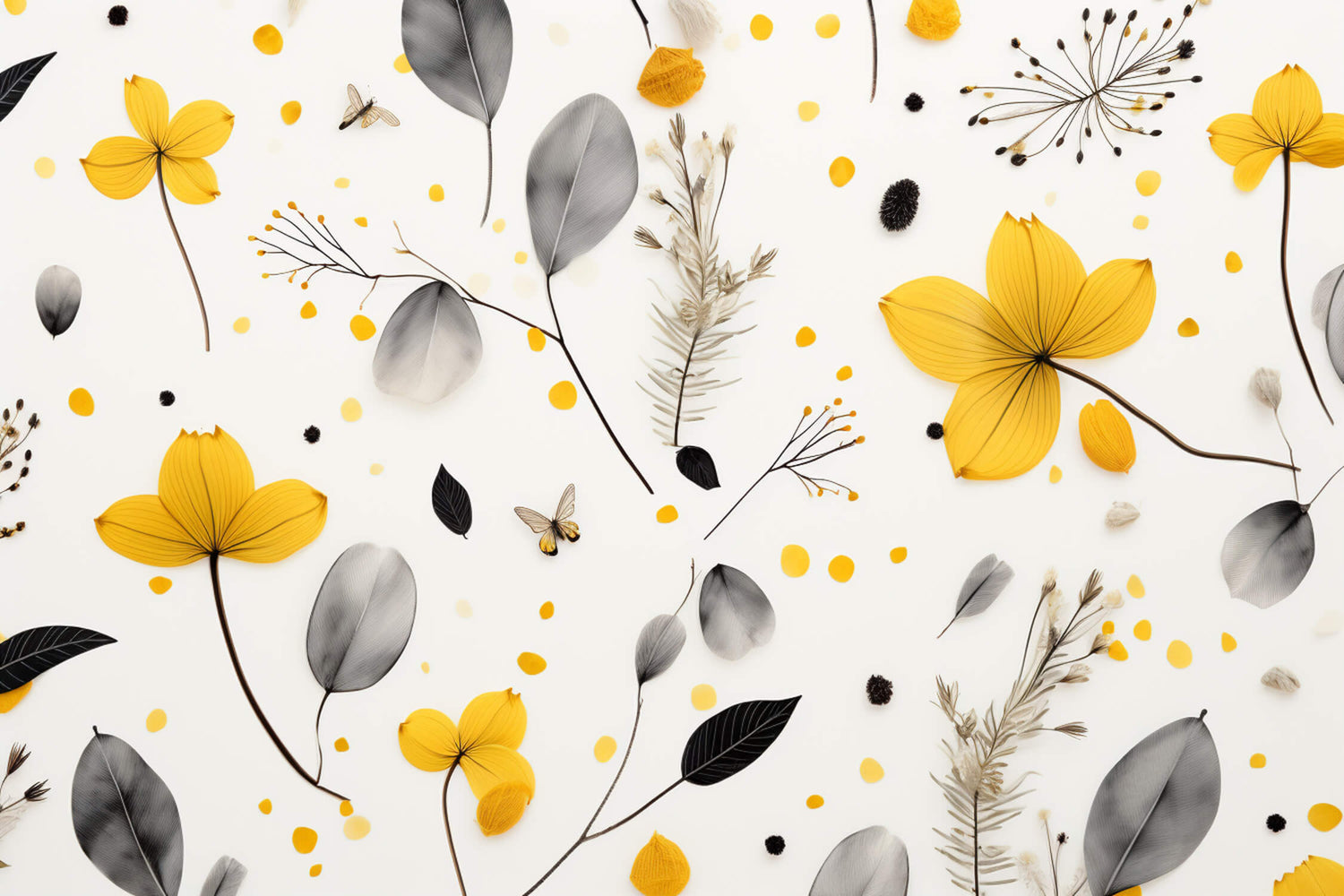 Design file showing detailed yellow and grey botanical pattern on white background