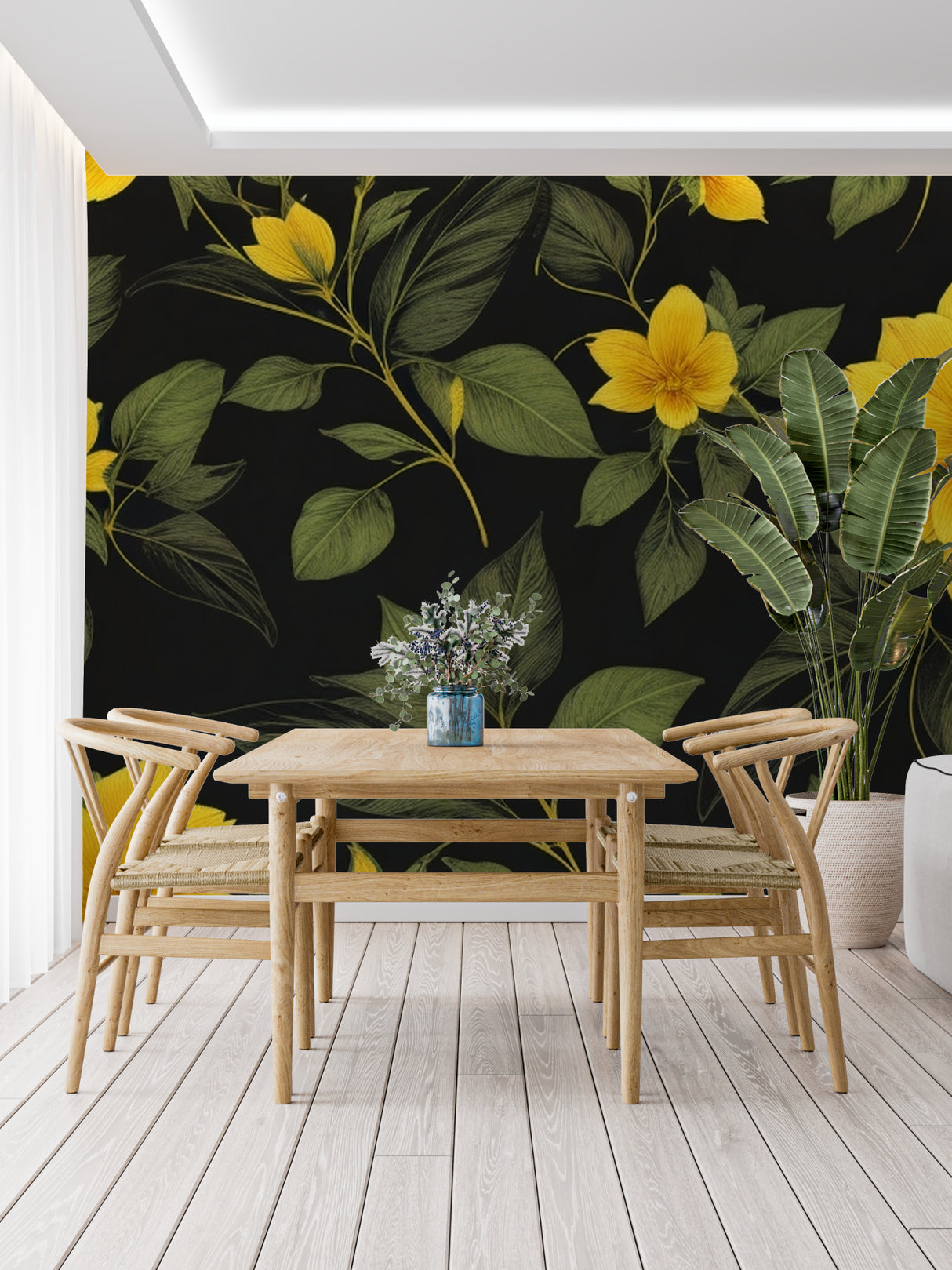 Yellow floral wallpaper creating a striking focal point in modern living room with gray sofa