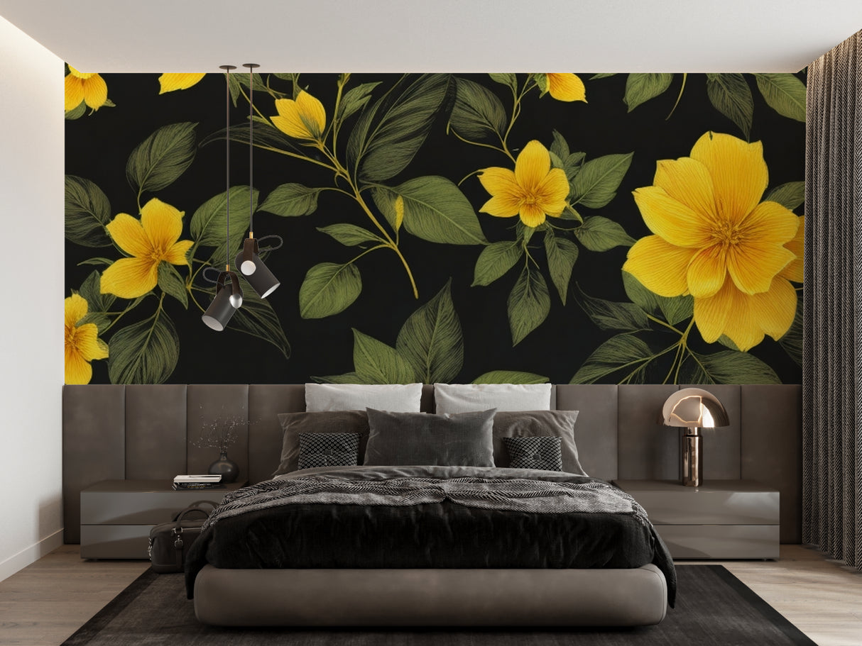 Black and yellow botanical mural adding drama to dining room with pendant lights