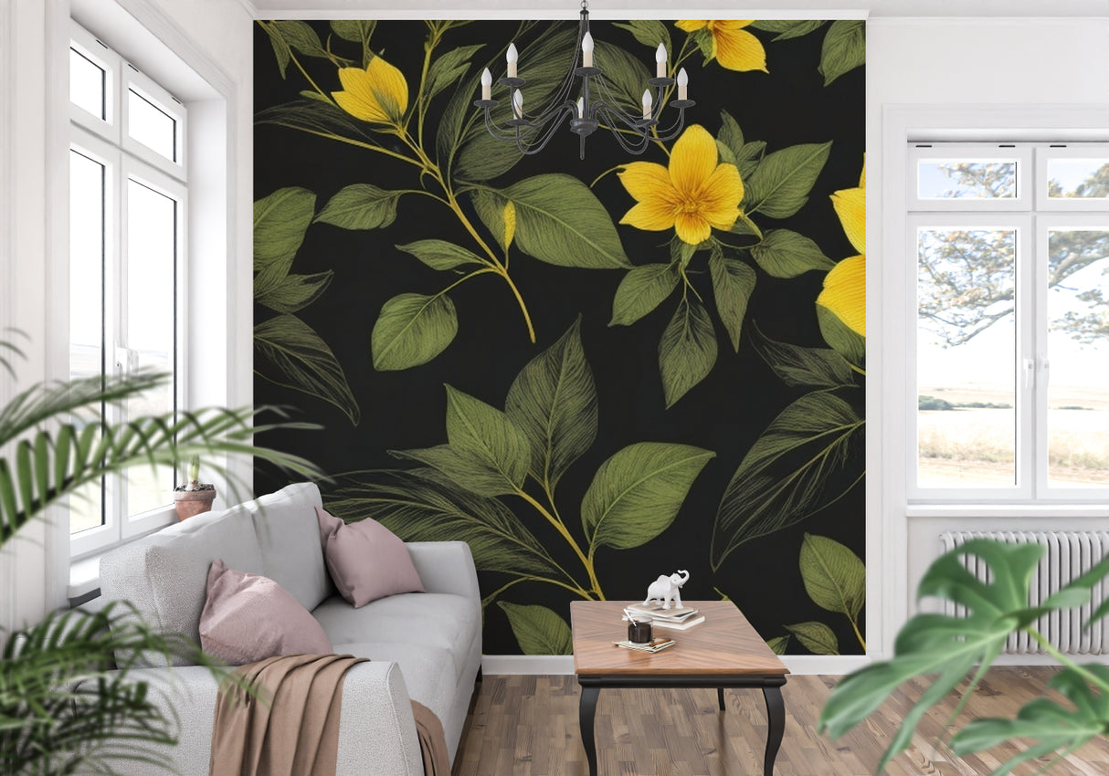 Dramatic floral wall mural brightening home office space with natural light