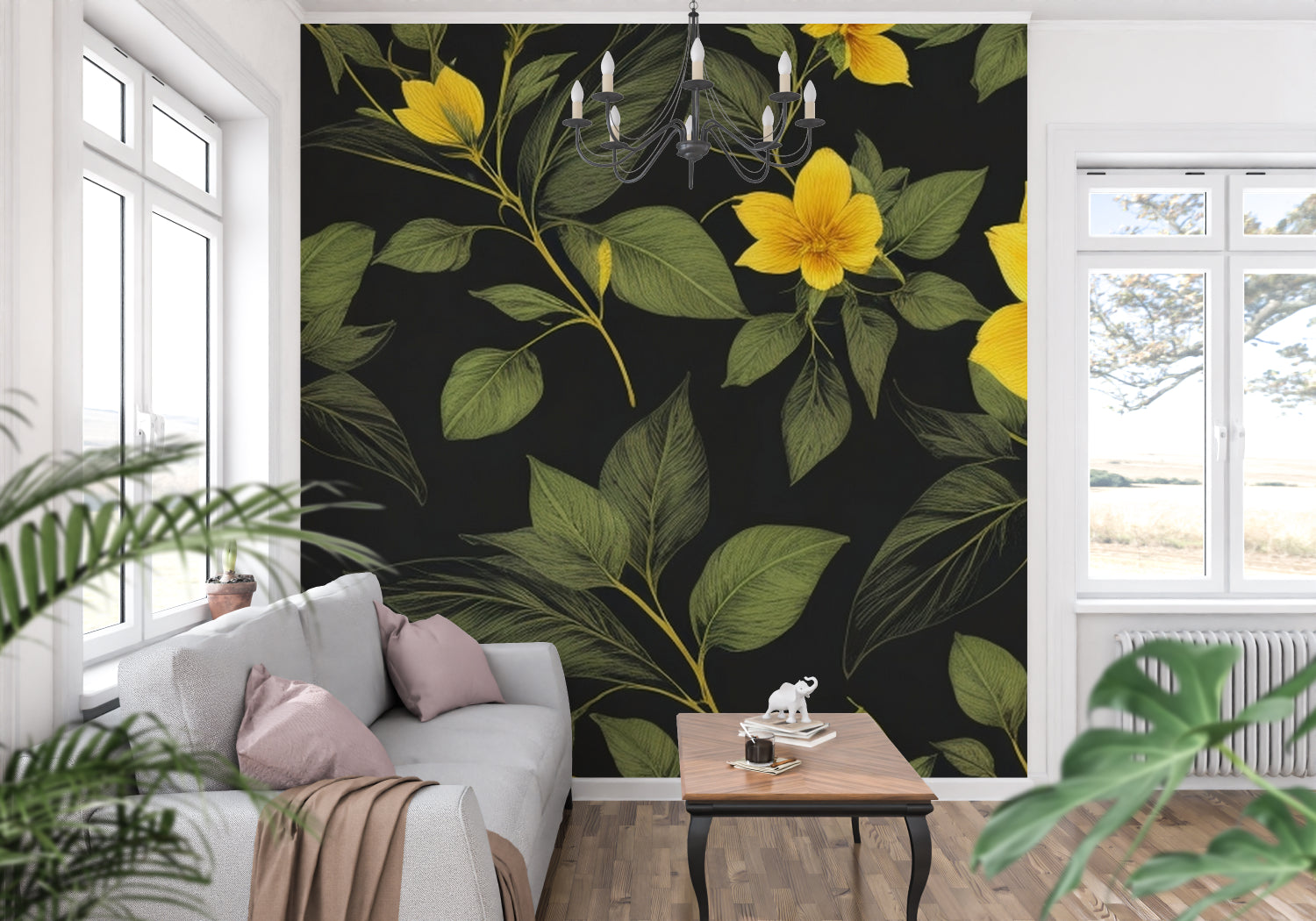 Dramatic floral wall mural brightening home office space with natural light
