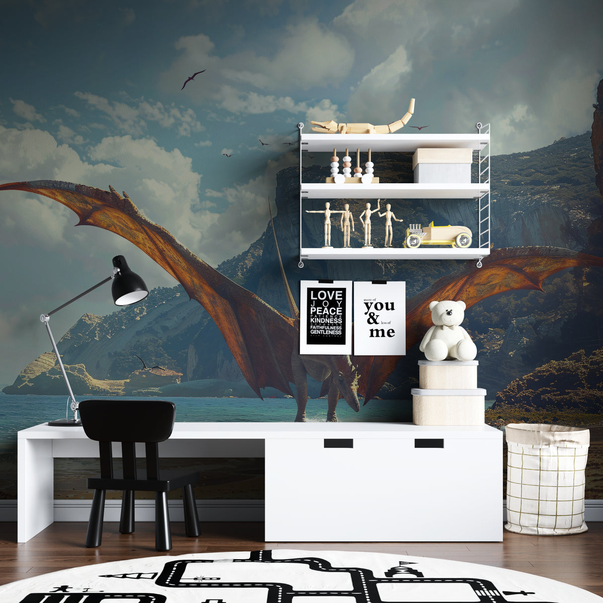 Dinosaur wall mural featuring pterodactyl in a bright playroom setting