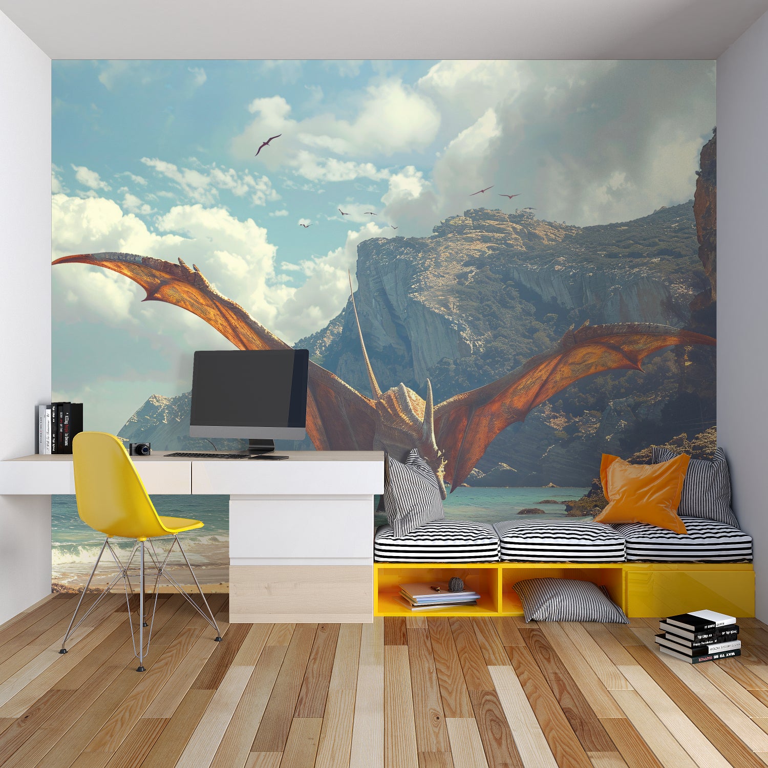 Prehistoric wallpaper design showcased in a cozy reading nook
