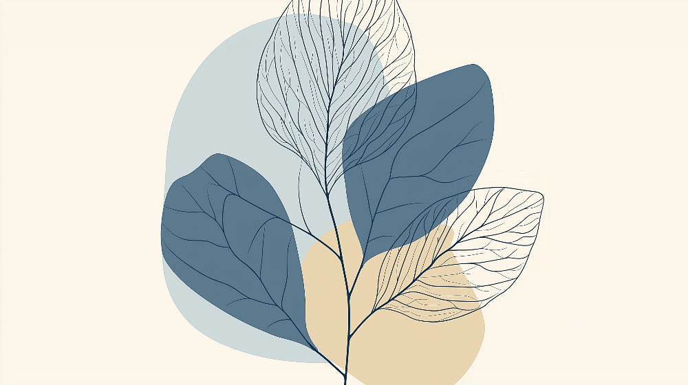 Abstract blue and beige foliage wallpaper design file showing detailed leaf pattern and texture