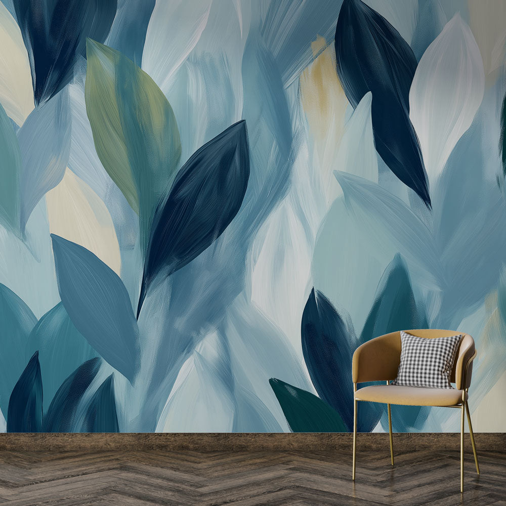 Modern blue leaf wallpaper mural creating a peaceful atmosphere in a minimalist living room with natural light
