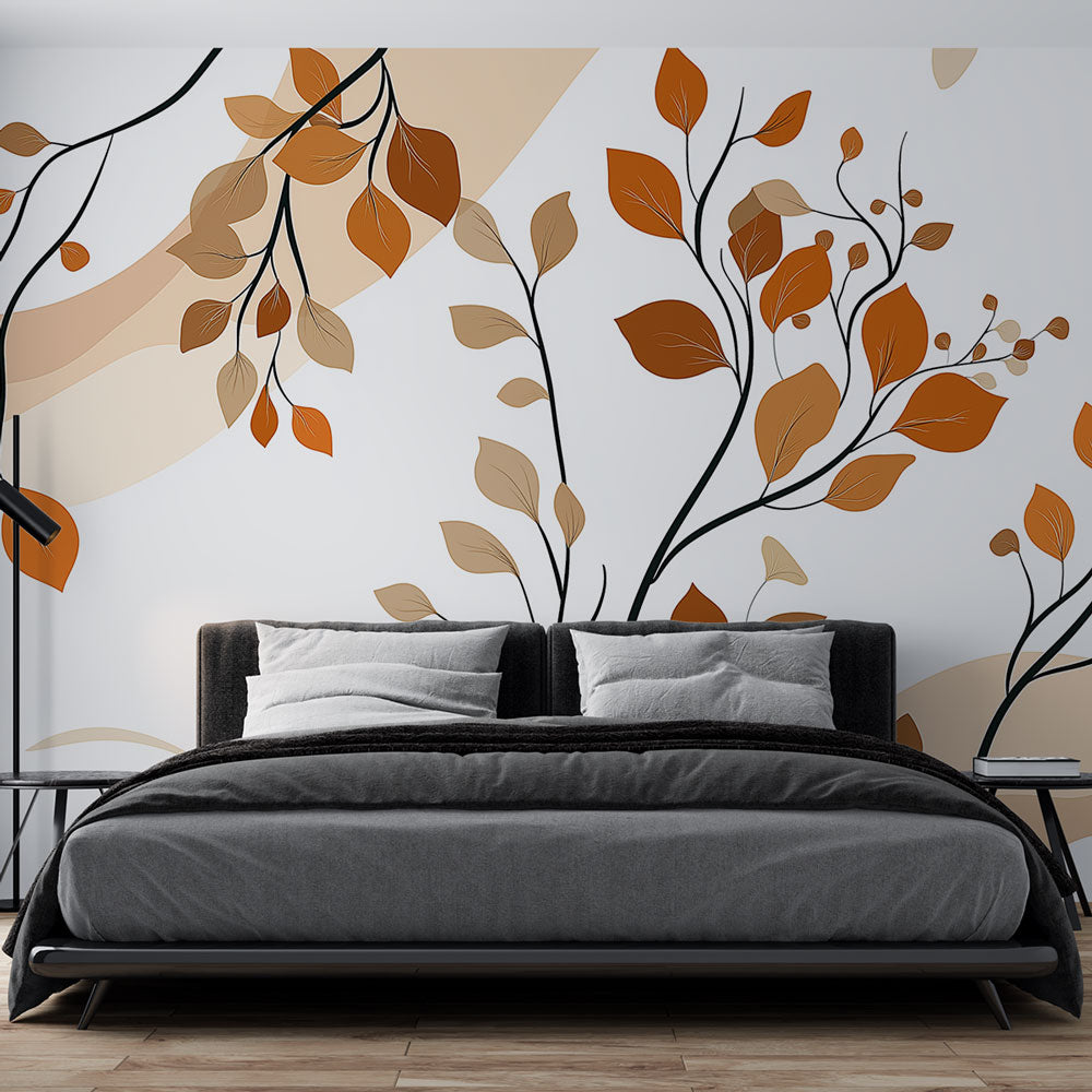 Modern foliage wallpaper with terracotta leaves shown in a bright living room setting, creating a natural focal point