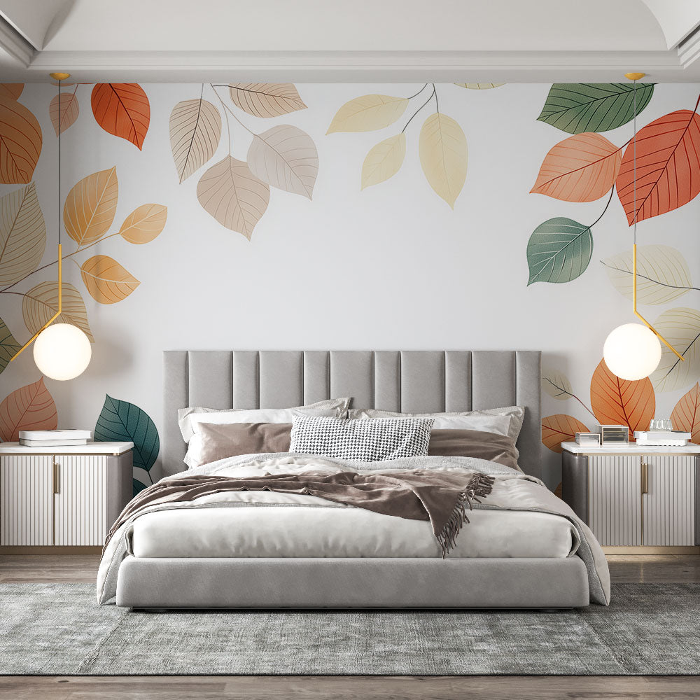 Modern dining room with autumn leaves wallpaper in terracotta and sage tones creating a warm, inviting atmosphere