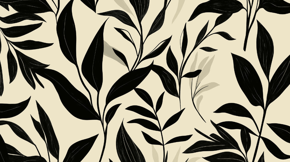 Botanical wallpaper design file showing black leaves pattern on beige background