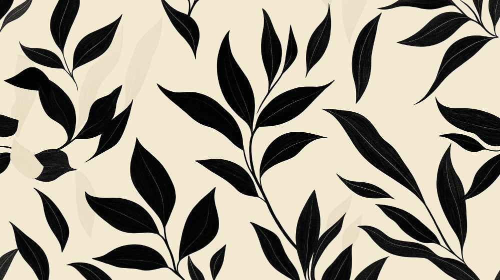 Black leaf pattern design file showing detailed botanical elements on beige background