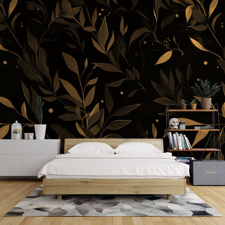 Black and gold botanical wallpaper creating an elegant atmosphere in a modern dining room with pendant lights