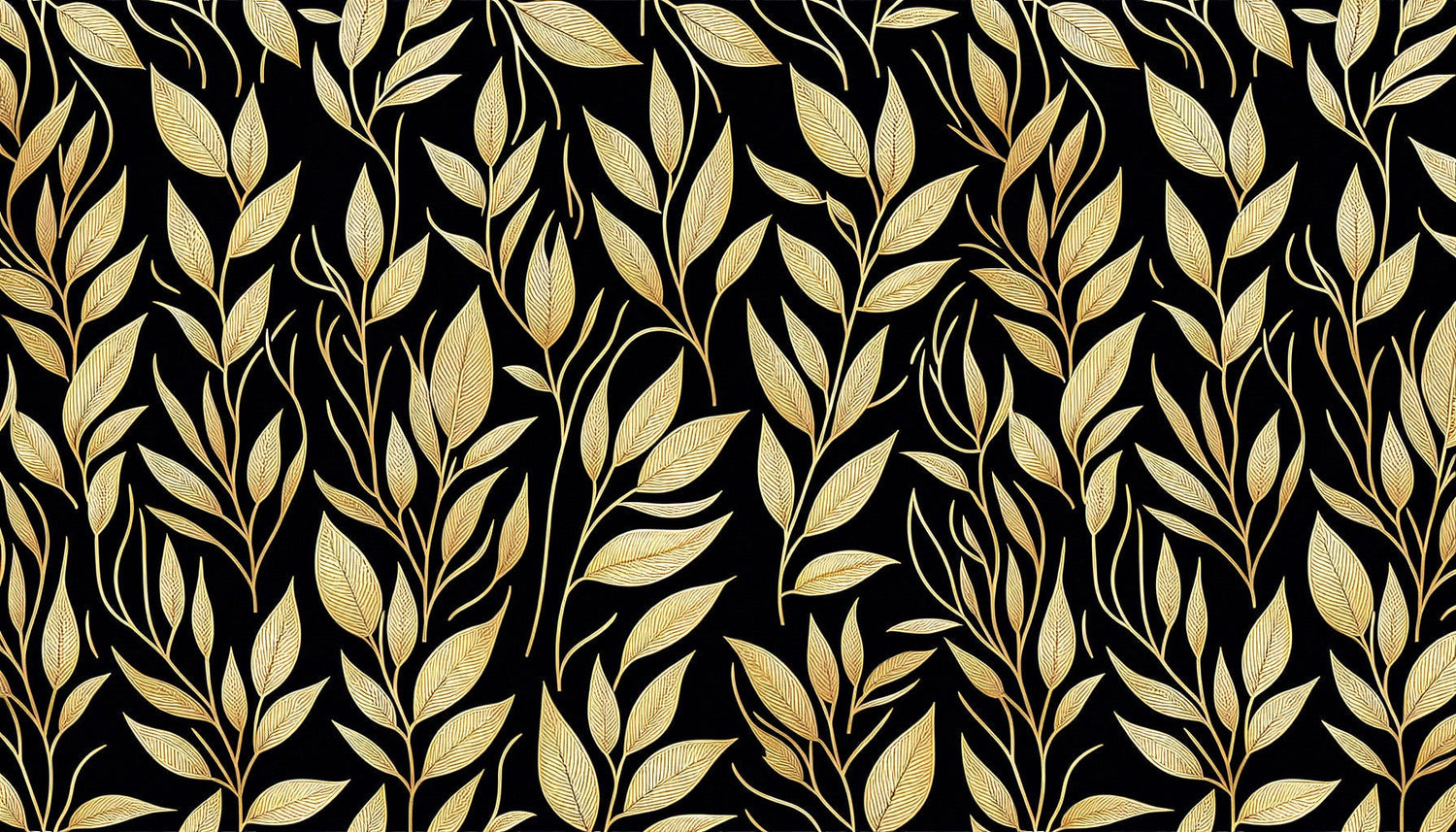 Black and gold foliage wallpaper design file showing intricate leaf pattern and metallic details