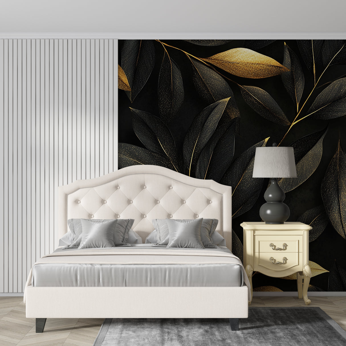 Botanical black and gold wallpaper in hallway with natural light