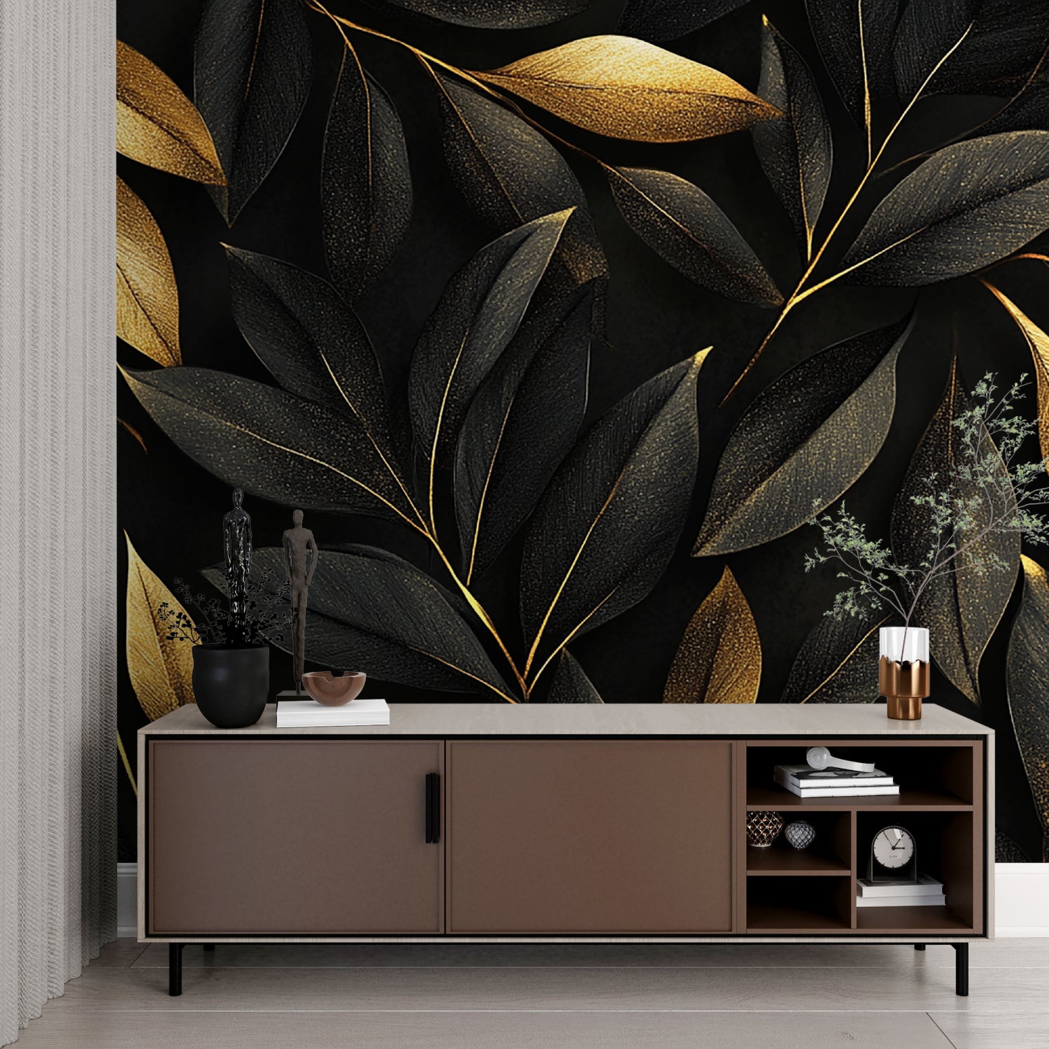 Black and gold leaf wallpaper creating drama in a modern dining room with crystal chandelier