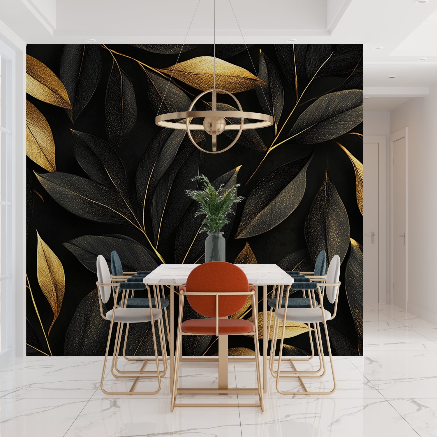 Luxury botanical wallpaper showcased in master bedroom with gold accents