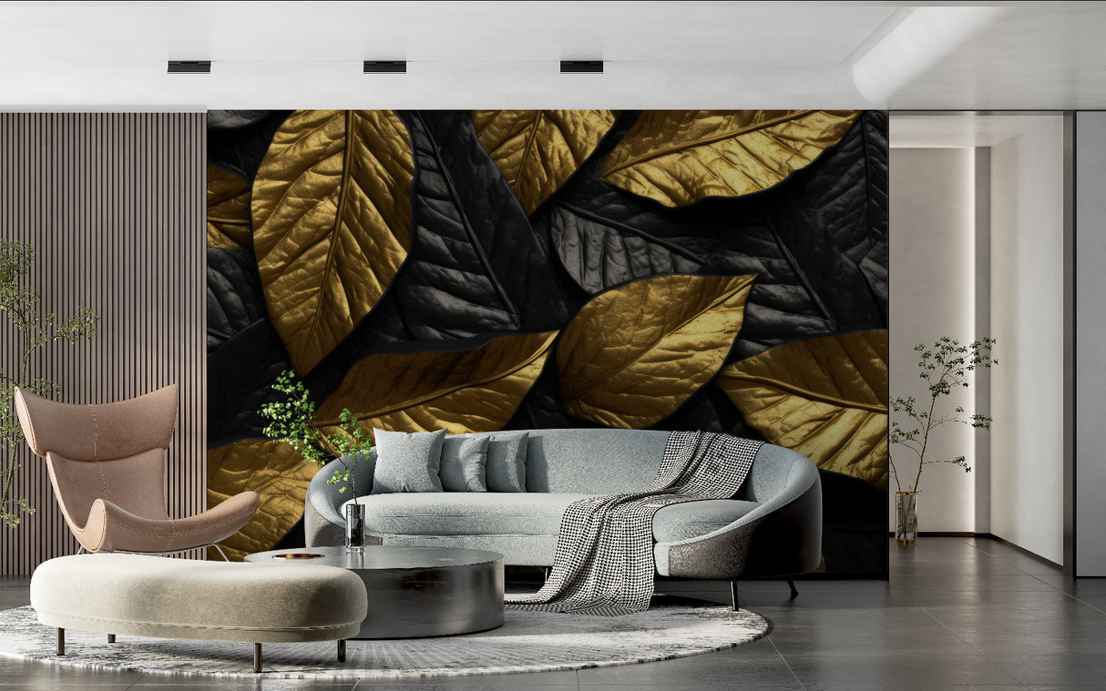 Black and gold foliage wallpaper creating drama in a modern living room setting