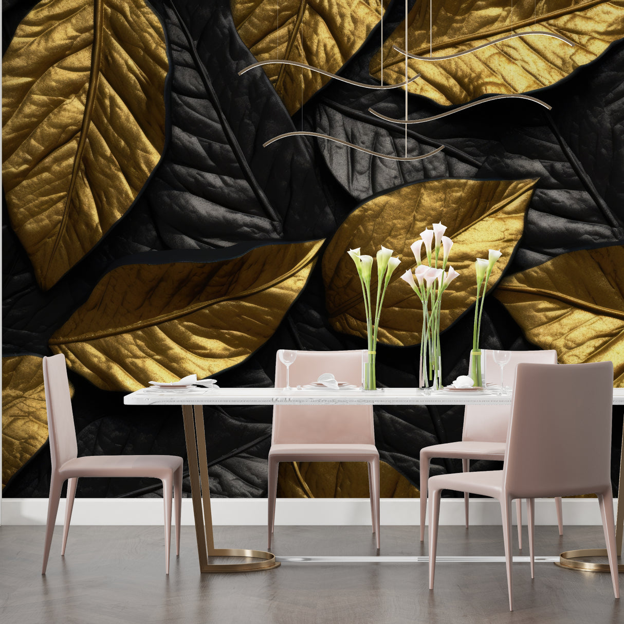 Luxury botanical wallpaper enhancing an elegant dining room space