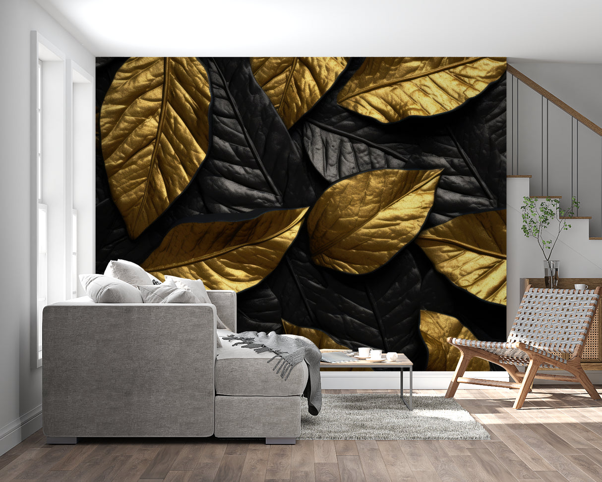 Gold leaf pattern wallpaper bringing warmth to a master bedroom