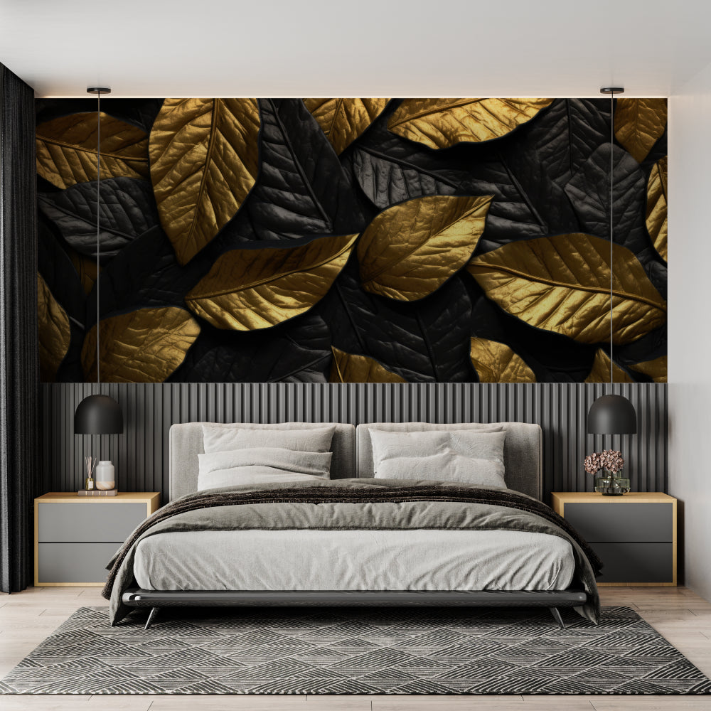 Metallic foliage wallpaper making a statement in a home office