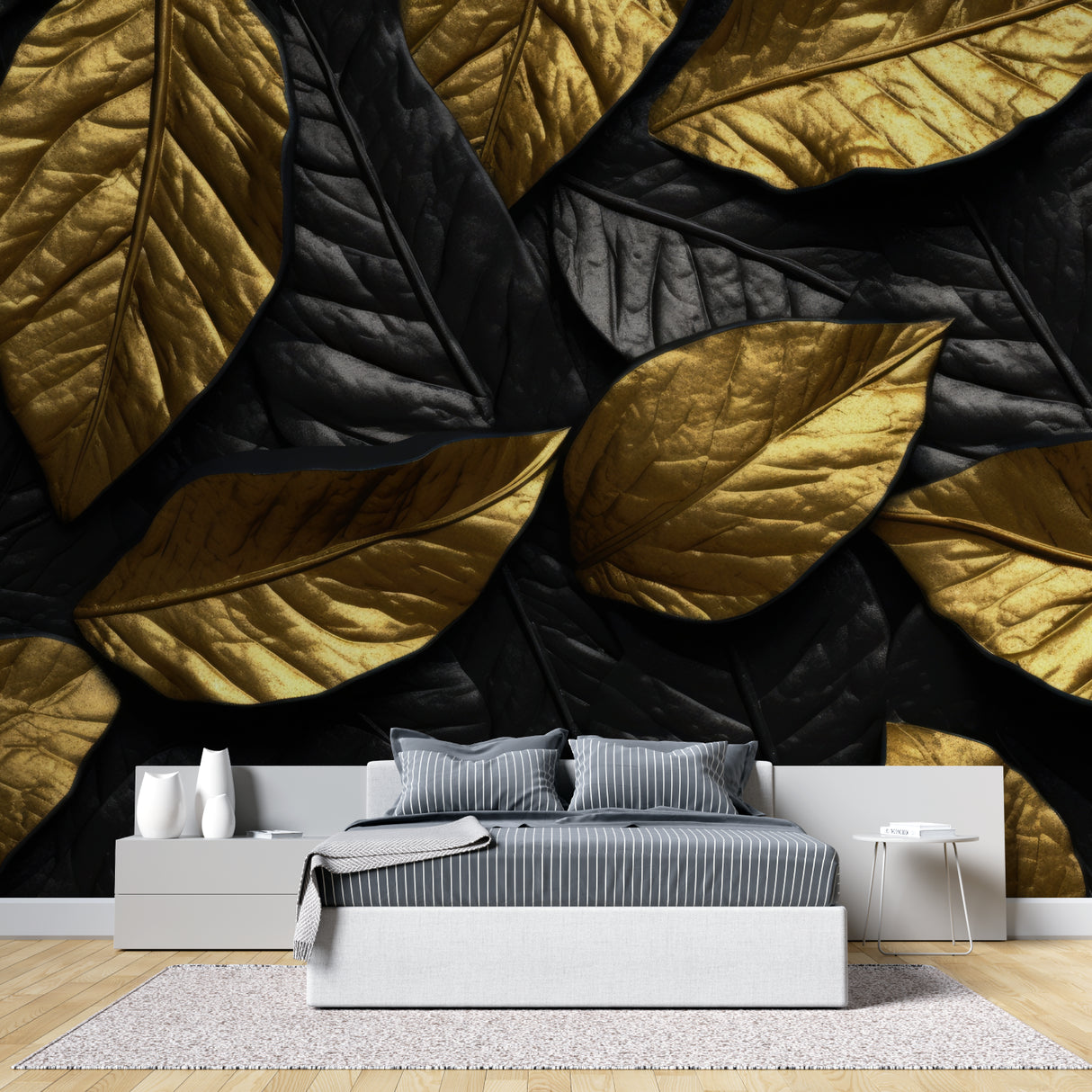 Black and gold botanical wallpaper transforming an entrance hall