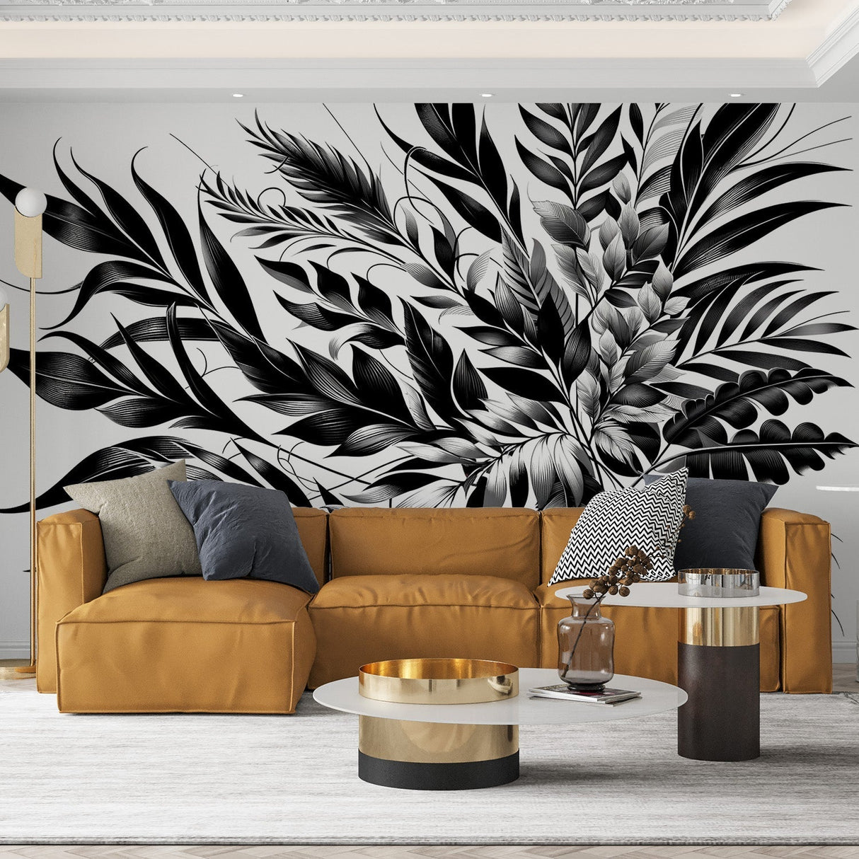 Black and white botanical wallpaper creating dramatic impact in a modern living room with minimalist furniture