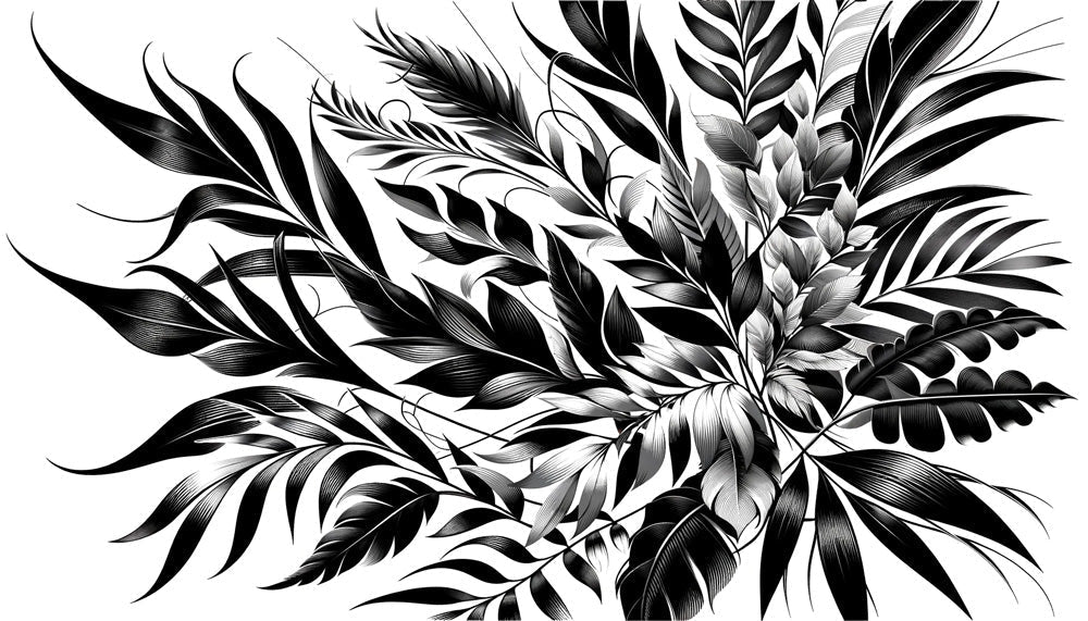 Black and white botanical wall mural design file showing detailed palm fronds and leaf pattern