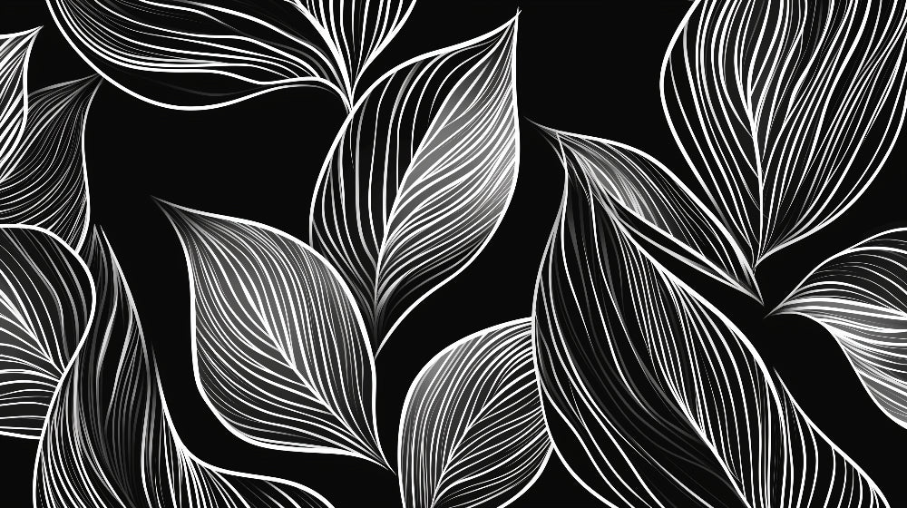 Minimalist black and white foliage wallpaper design file showing detailed leaf pattern and line art