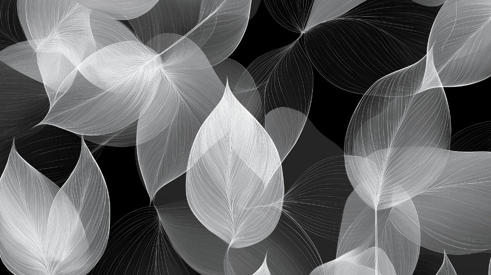 Black and white transparent leaves wallpaper design file showing intricate botanical pattern details