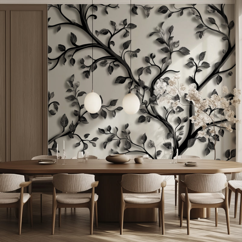 Baroque style black leaf pattern mural in elegant dining room with chandelier